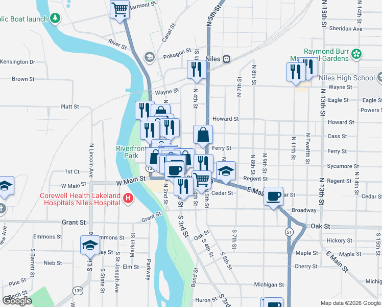 map of restaurants, bars, coffee shops, grocery stores, and more near 408 North 3rd Street in Niles