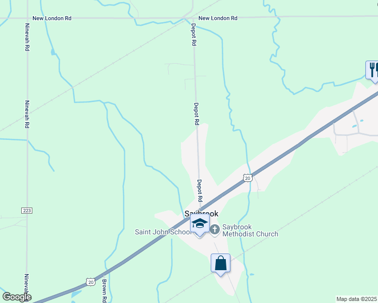map of restaurants, bars, coffee shops, grocery stores, and more near 7433 Depot Road in Ashtabula