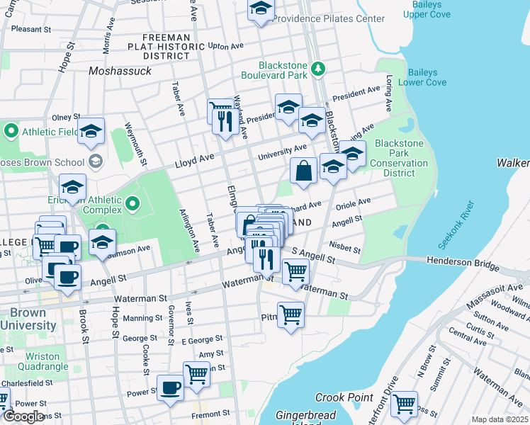 map of restaurants, bars, coffee shops, grocery stores, and more near 90 Humboldt Avenue in Providence