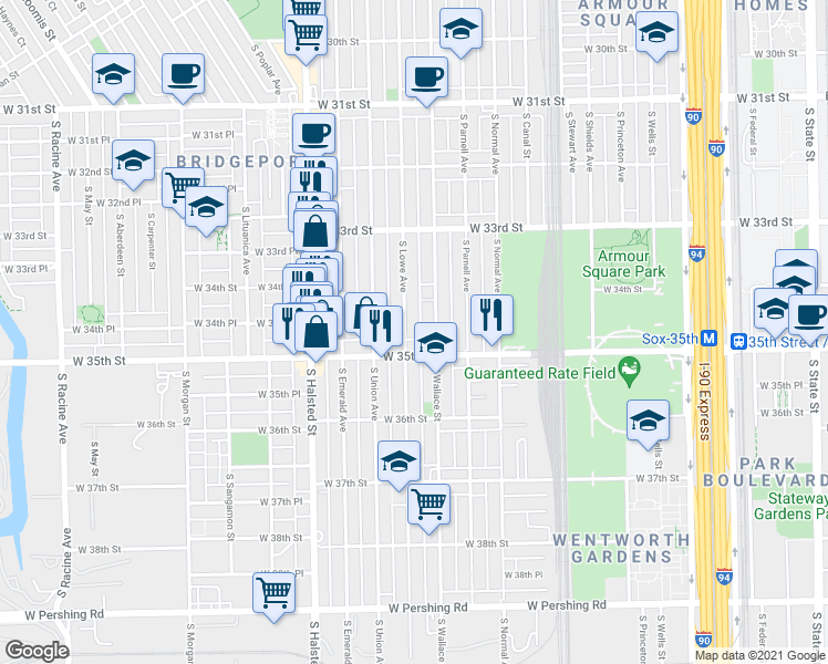 map of restaurants, bars, coffee shops, grocery stores, and more near 3419 South Lowe Avenue in Chicago