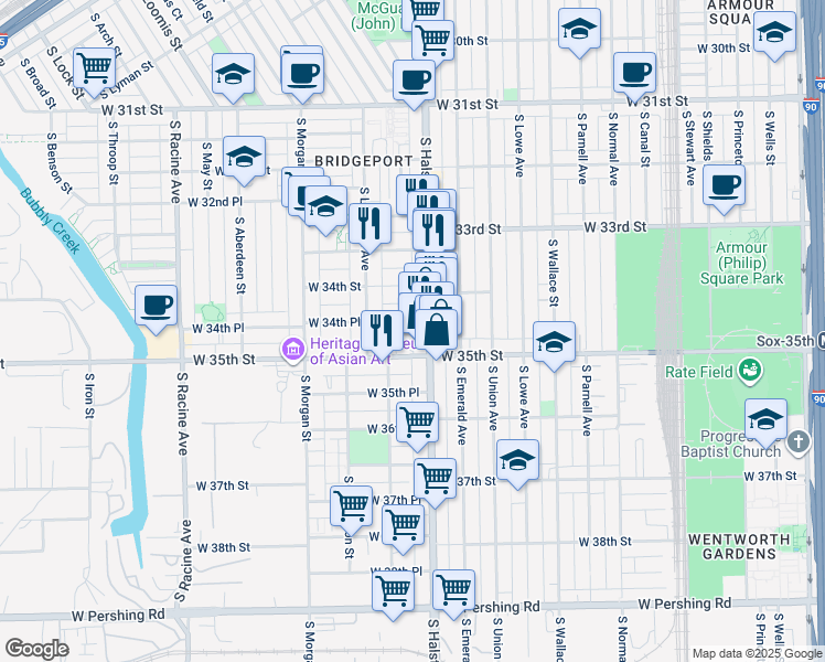 map of restaurants, bars, coffee shops, grocery stores, and more near 3424 South Halsted Street in Chicago