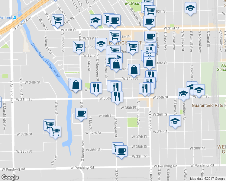 map of restaurants, bars, coffee shops, grocery stores, and more near 3423 South Morgan Street in Chicago
