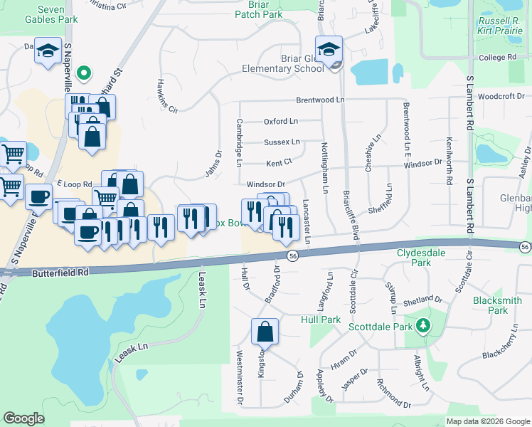 map of restaurants, bars, coffee shops, grocery stores, and more near 1107 Briarbrook Drive in Wheaton