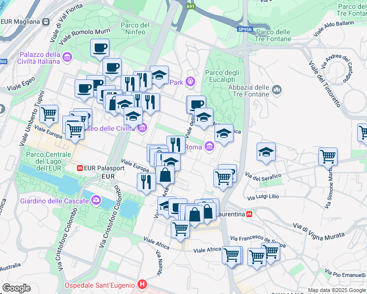 map of restaurants, bars, coffee shops, grocery stores, and more near 25 Viale dell'Arte in Roma