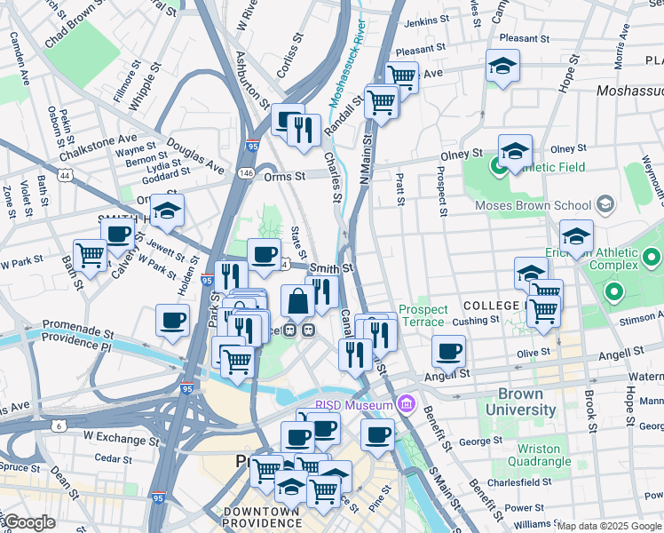 map of restaurants, bars, coffee shops, grocery stores, and more near 39 Smith Street in Providence