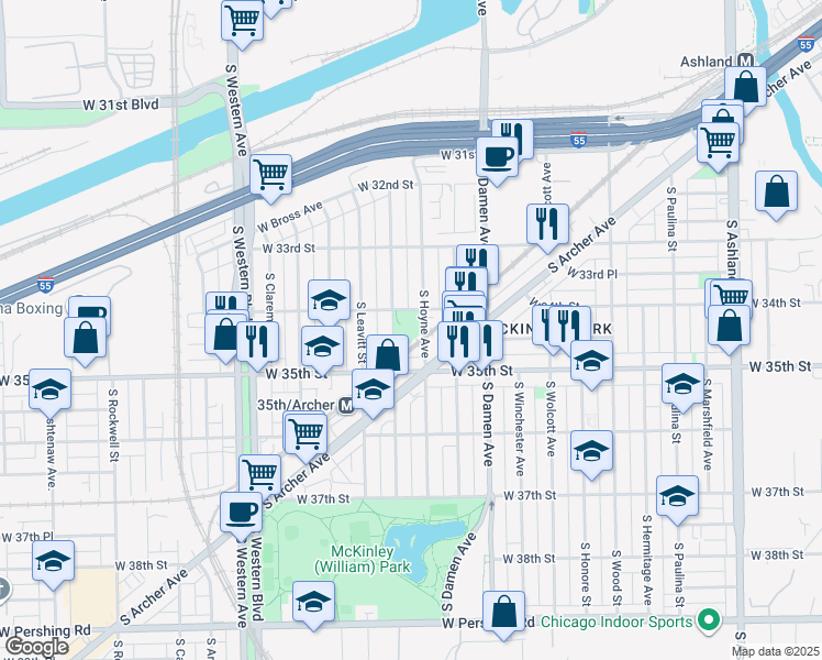 map of restaurants, bars, coffee shops, grocery stores, and more near 3417 South Hamilton Avenue in Chicago