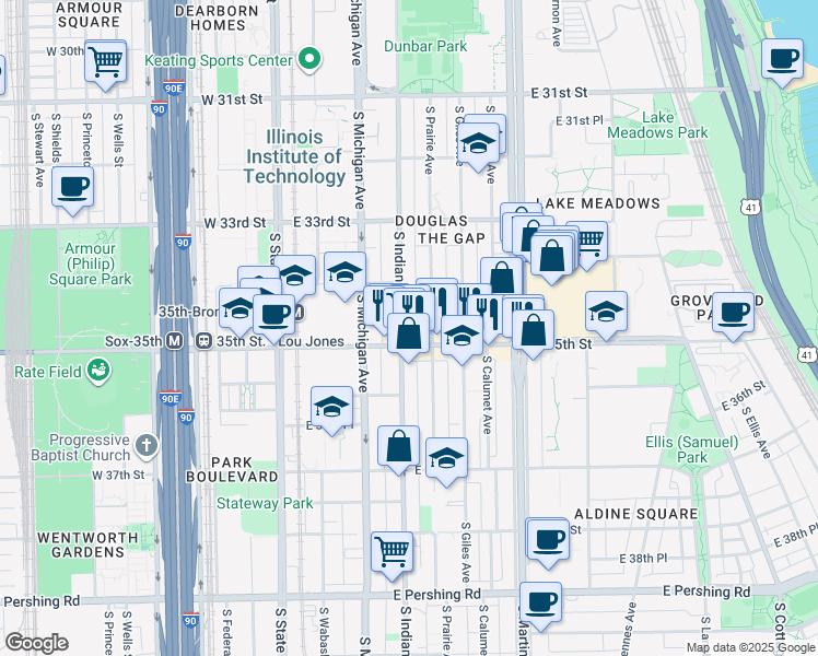 map of restaurants, bars, coffee shops, grocery stores, and more near 3443 South Indiana Avenue in Chicago