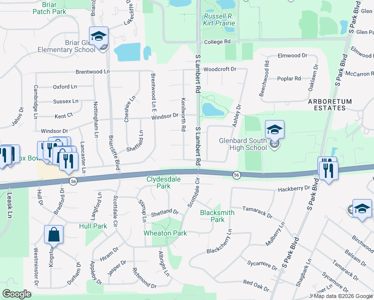 map of restaurants, bars, coffee shops, grocery stores, and more near 23W235 Cambridge Ct in Glen Ellyn