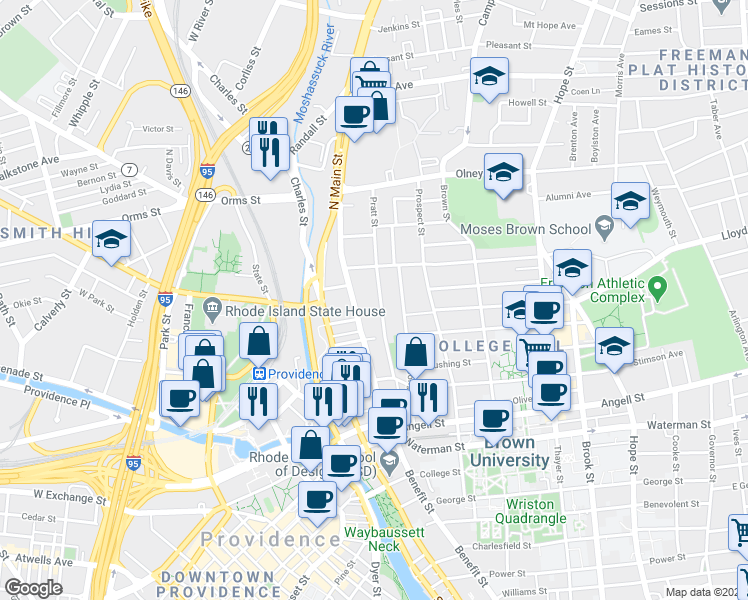 map of restaurants, bars, coffee shops, grocery stores, and more near 69 Benefit Street in Providence