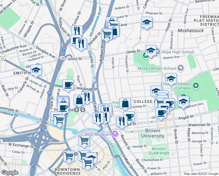 map of restaurants, bars, coffee shops, grocery stores, and more near 69 Benefit Street in Providence