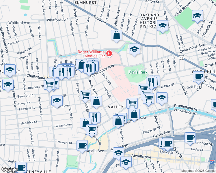 map of restaurants, bars, coffee shops, grocery stores, and more near 81 Robin Street in Providence