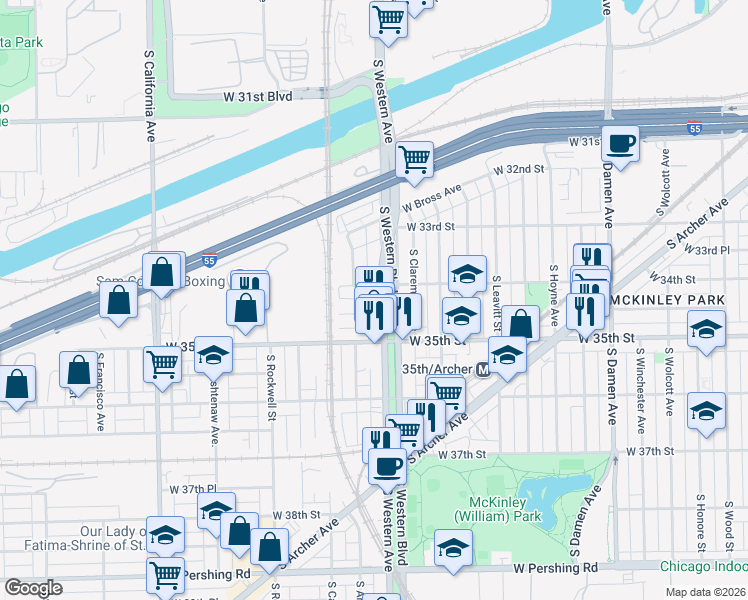 map of restaurants, bars, coffee shops, grocery stores, and more near 3400 South Western Avenue in Chicago