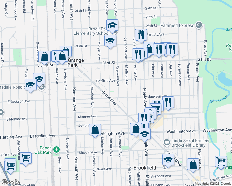 map of restaurants, bars, coffee shops, grocery stores, and more near 3223 Raymond Avenue in Brookfield