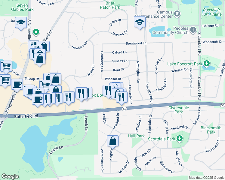map of restaurants, bars, coffee shops, grocery stores, and more near 1147 Briarbrook Drive in Wheaton