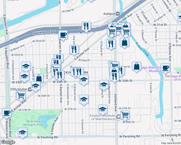 map of restaurants, bars, coffee shops, grocery stores, and more near 3410 South Wood Street in Chicago