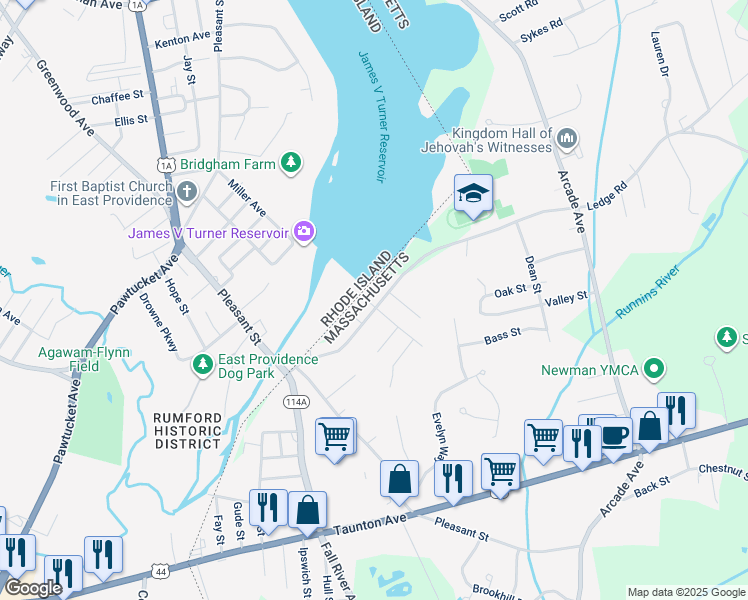 map of restaurants, bars, coffee shops, grocery stores, and more near 98 Quarry Street in Seekonk