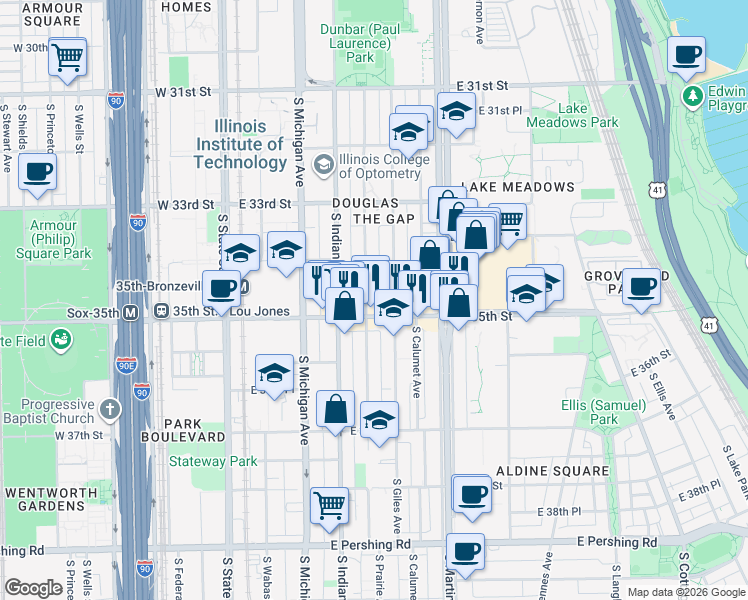 map of restaurants, bars, coffee shops, grocery stores, and more near 3430 South Giles Avenue in Chicago