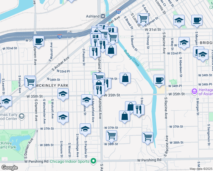 map of restaurants, bars, coffee shops, grocery stores, and more near 3420 South Justine Street in Chicago