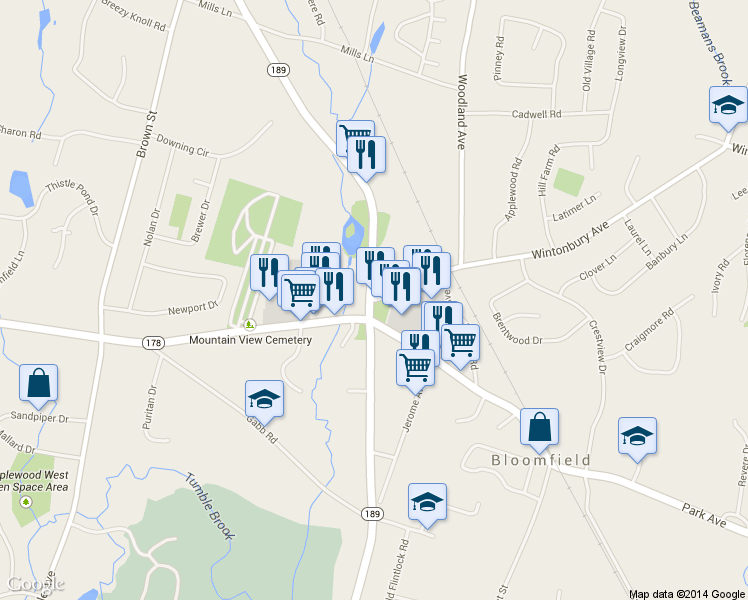 map of restaurants, bars, coffee shops, grocery stores, and more near 55 Tunxis Avenue in Bloomfield