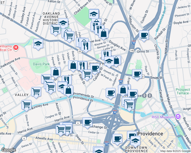 map of restaurants, bars, coffee shops, grocery stores, and more near 94 Calverley Street in Providence