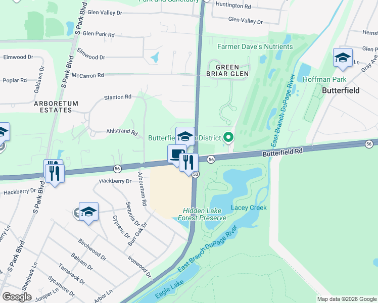 map of restaurants, bars, coffee shops, grocery stores, and more near 70 Butterfield Road in Glen Ellyn
