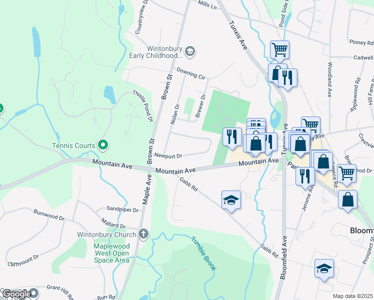 map of restaurants, bars, coffee shops, grocery stores, and more near 31 Newport Drive in Bloomfield