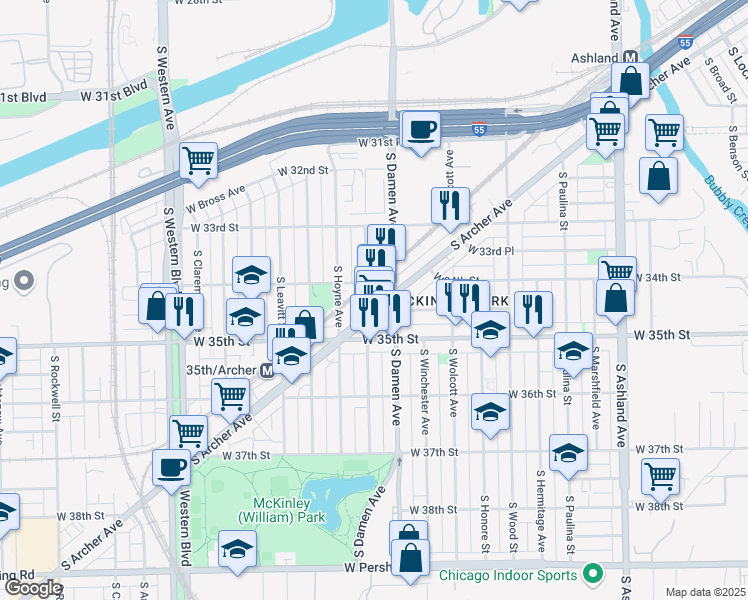 map of restaurants, bars, coffee shops, grocery stores, and more near 3454 South Archer Avenue in Chicago