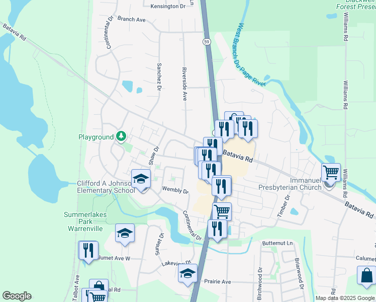 map of restaurants, bars, coffee shops, grocery stores, and more near 29W741 Galbreath Drive in Warrenville