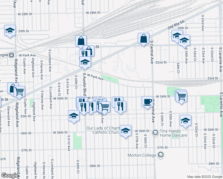 map of restaurants, bars, coffee shops, grocery stores, and more near 3266 South 58th Court in Cicero
