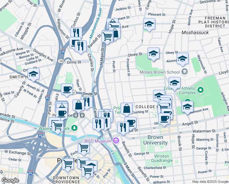 map of restaurants, bars, coffee shops, grocery stores, and more near 117 Pratt Street in Providence
