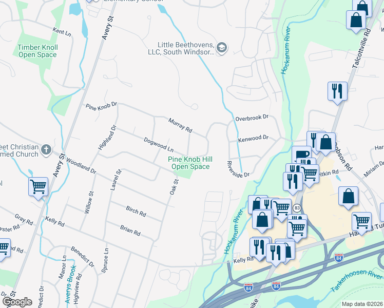 map of restaurants, bars, coffee shops, grocery stores, and more near 151 Dogwood Lane in South Windsor