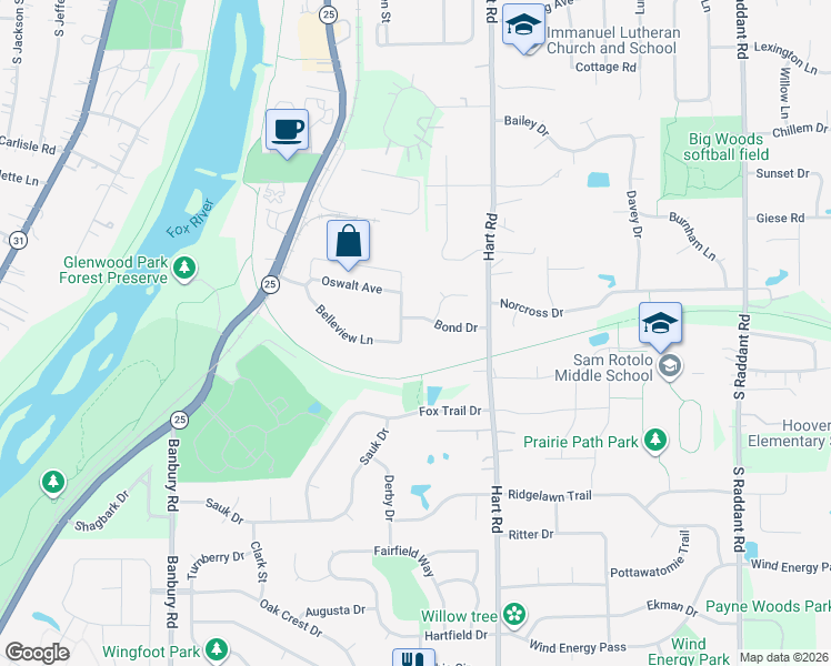 map of restaurants, bars, coffee shops, grocery stores, and more near 1550 Beach Street in Batavia