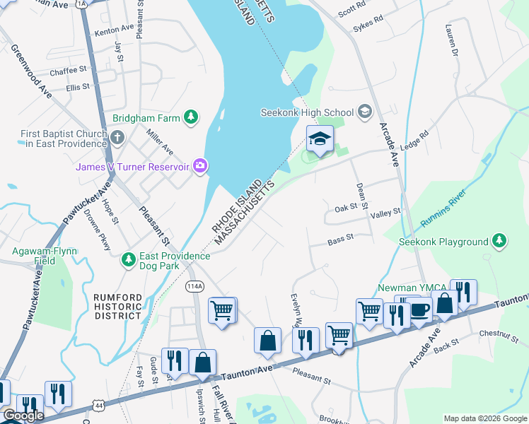 map of restaurants, bars, coffee shops, grocery stores, and more near 119 Ledge Road in Seekonk