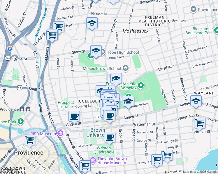 map of restaurants, bars, coffee shops, grocery stores, and more near 101 Keene Street in Providence