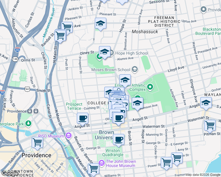 map of restaurants, bars, coffee shops, grocery stores, and more near 101 Keene Street in Providence