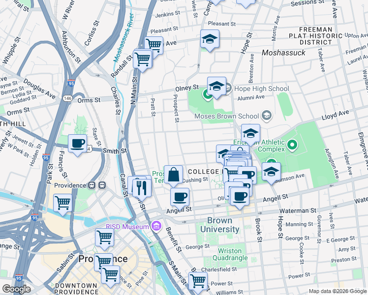 map of restaurants, bars, coffee shops, grocery stores, and more near 2 Keene Street in Providence