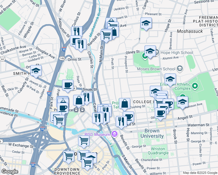 map of restaurants, bars, coffee shops, grocery stores, and more near 69 Benefit Street in Providence