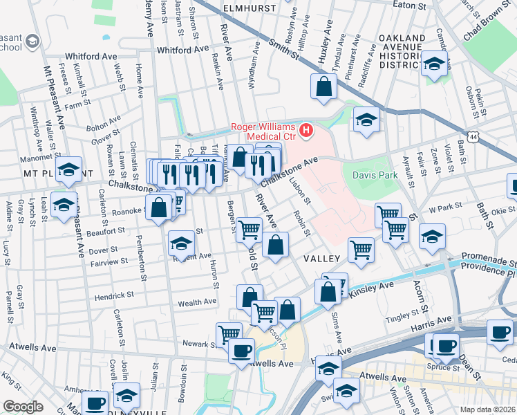 map of restaurants, bars, coffee shops, grocery stores, and more near 183 Harold Street in Providence