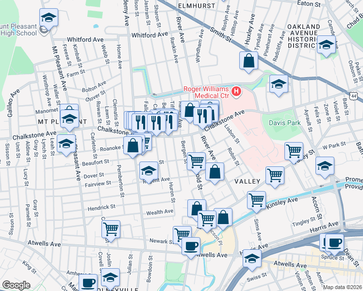 map of restaurants, bars, coffee shops, grocery stores, and more near 1000 Chalkstone Avenue in Providence