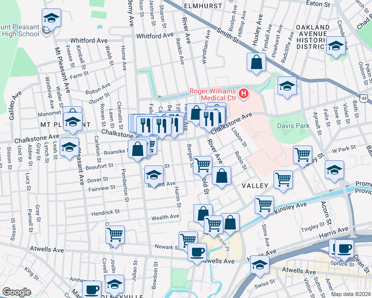 map of restaurants, bars, coffee shops, grocery stores, and more near 1000 Chalkstone Avenue in Providence