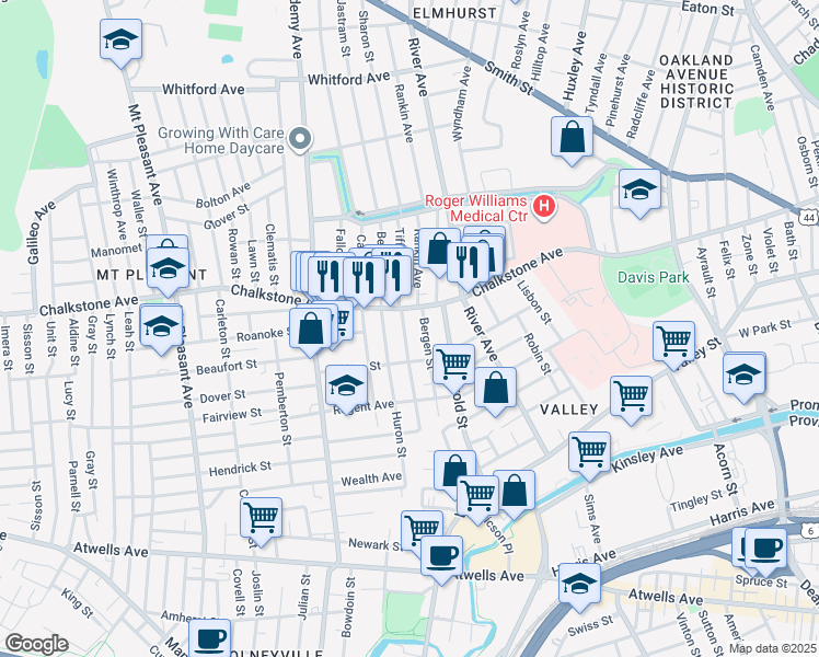 map of restaurants, bars, coffee shops, grocery stores, and more near 1000 Chalkstone Avenue in Providence