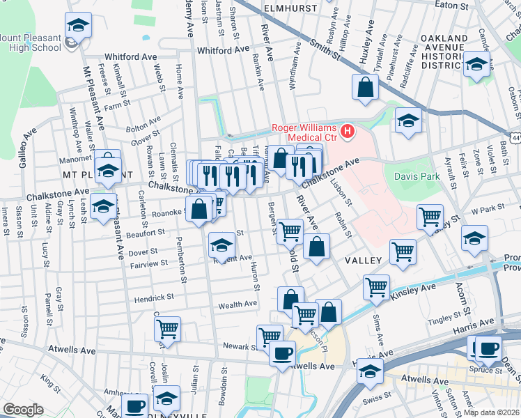 map of restaurants, bars, coffee shops, grocery stores, and more near 1000 Chalkstone Avenue in Providence
