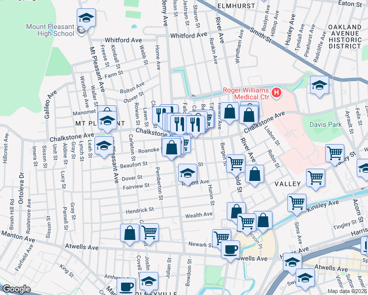 map of restaurants, bars, coffee shops, grocery stores, and more near 11 Yorktown Place in Providence