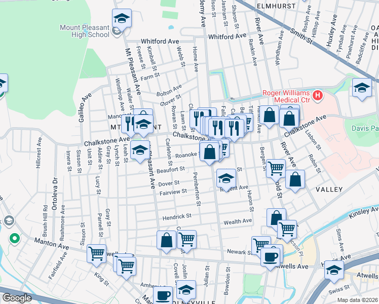 map of restaurants, bars, coffee shops, grocery stores, and more near 54 Belmont Avenue in Providence