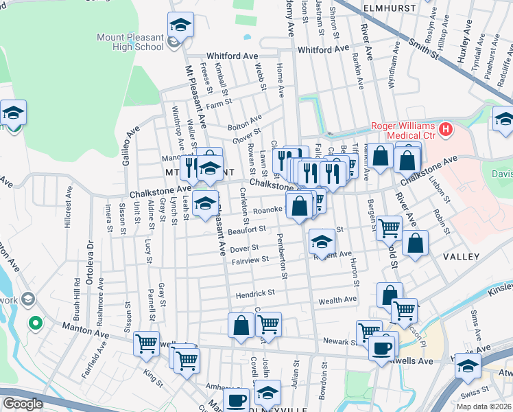 map of restaurants, bars, coffee shops, grocery stores, and more near 54 Belmont Avenue in Providence