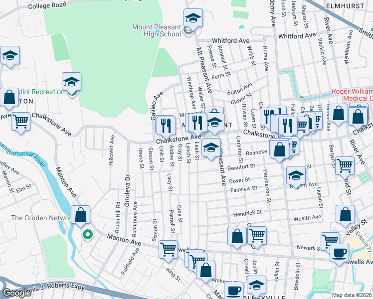 map of restaurants, bars, coffee shops, grocery stores, and more near 244 Lynch Street in Providence