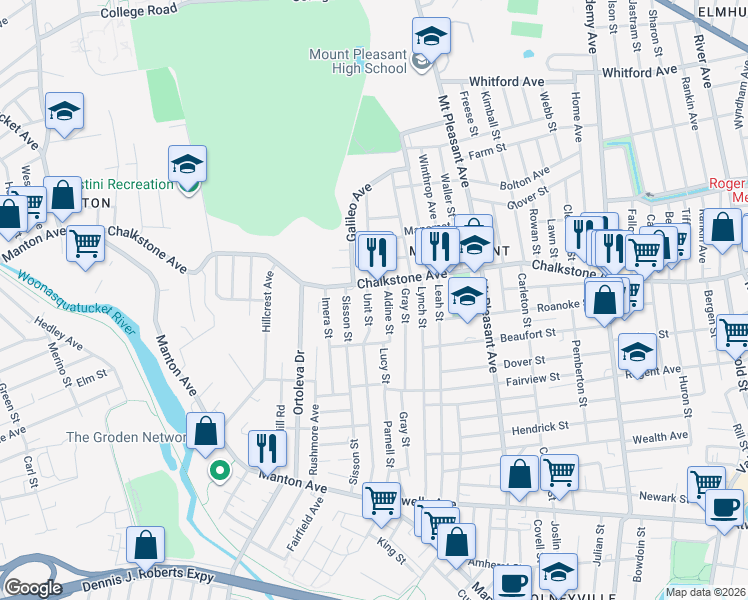 map of restaurants, bars, coffee shops, grocery stores, and more near 62 Aldine Street in Providence