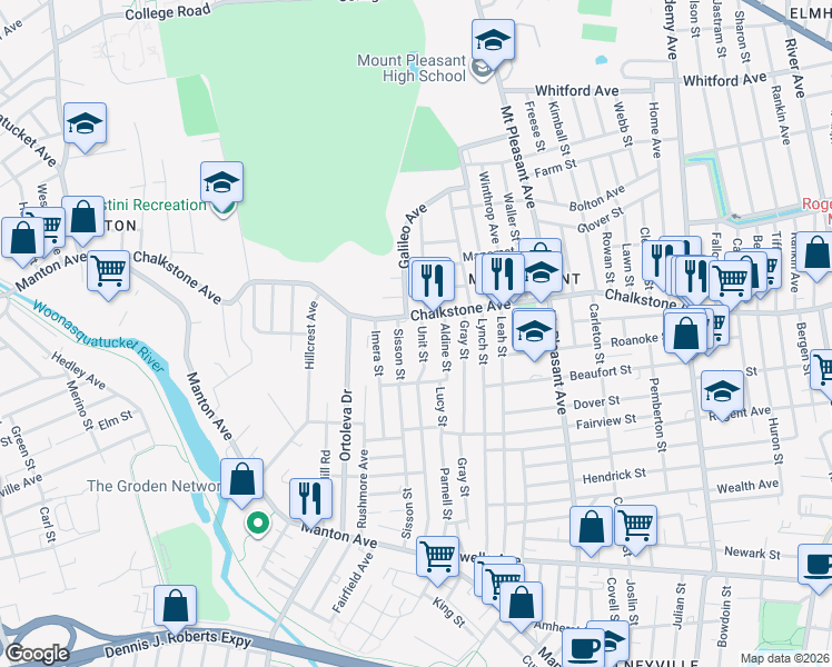 map of restaurants, bars, coffee shops, grocery stores, and more near 1390 Chalkstone Avenue in Providence