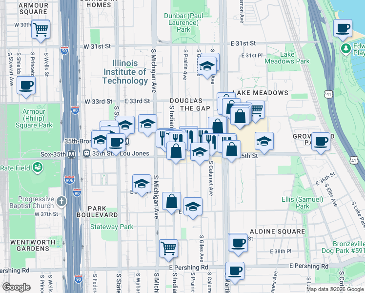 map of restaurants, bars, coffee shops, grocery stores, and more near 3424 South Prairie Avenue in Chicago