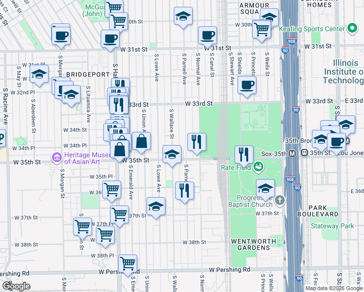 map of restaurants, bars, coffee shops, grocery stores, and more near 3420 South Parnell Avenue in Chicago